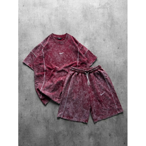 Yıkamalı Unisex Şortlu Takım Kırmızı