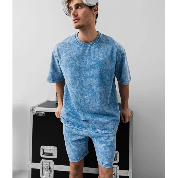Yıkamalı Unisex Şortlu Takım - Mavi