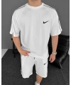 Tek Şerit Unisex Şortlu Takım - Beyaz