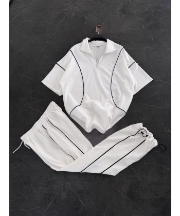 İkili Polo Yaka Eşofman Takım Beyaz