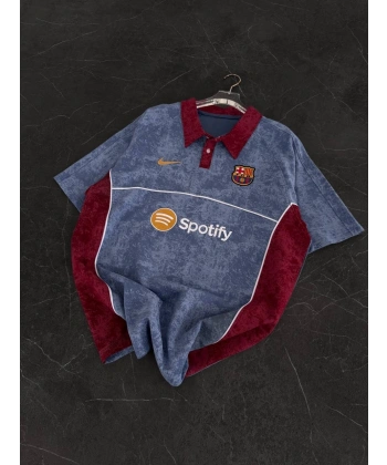 Yıkamalı Oversize Polo Yaka Tshirt Mavi