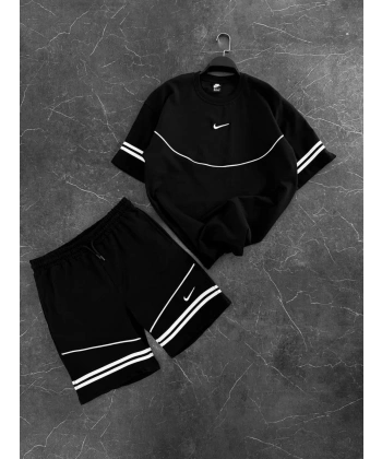 Çift Şerit Şortlu Takım Siyah