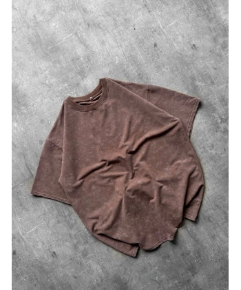 Yıkamalı Unisex Oversize Tshirt Kahverengi