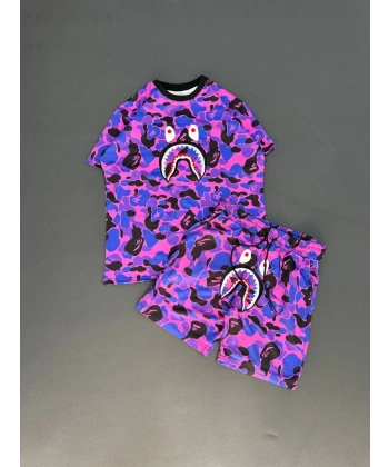 Bape Unisex Oversize Şortlu Takım - Mor