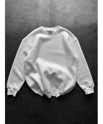 Basic Şardonlu Unisex Sweatshirt Beyaz