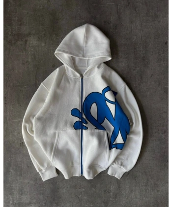 Baskı Detay Oversize Şardonlu Unisex Hırka Beyaz