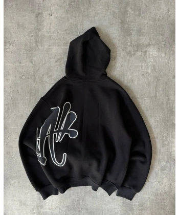 Baskı Detay Oversize Şardonlu Unisex Hırka Siyah