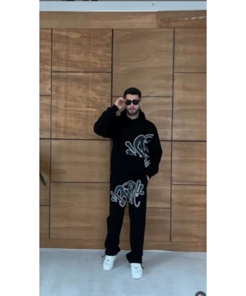 Baskı Detay Şardonlu Eşofman Takımı - Siyah