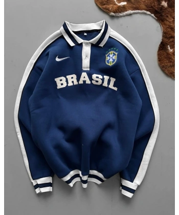 BRZ Polo Yaka Şardonlu Sweatshirt Lacivert