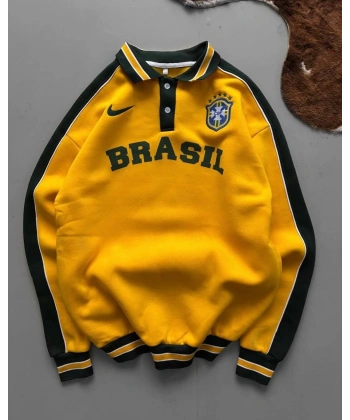 BRZ Polo Yaka Şardonlu Sweatshirt Sarı