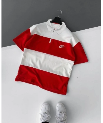 Çizgili Nk Polo Yaka Unisex Oversize Tshirt - Kırmızı