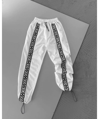 Desenli Paça Ayarlanabilir Unisex Eşofman - Beyaz