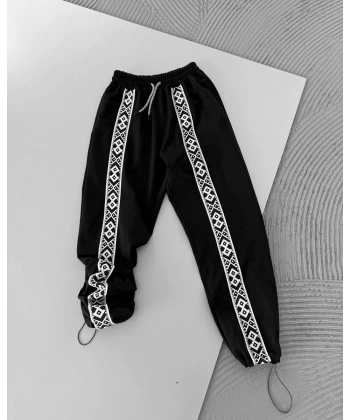 Desenli Paça Ayarlanabilir Unisex Eşofman - Siyah