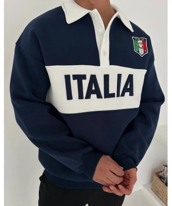 İtaly Polo Yaka Şardonlu Sweatshirt - Lacivert