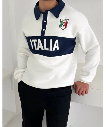 İtaly Polo Yaka Şardonlu Sweatshirt - Beyaz