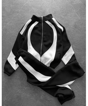 Parçalı Fermuarlı Şardonlu Unisex Eşofman Takımı Siyah