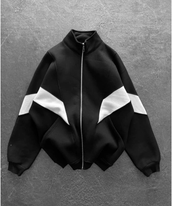 Parçalı Oversize Şardonlu Unisex Hırka Siyah