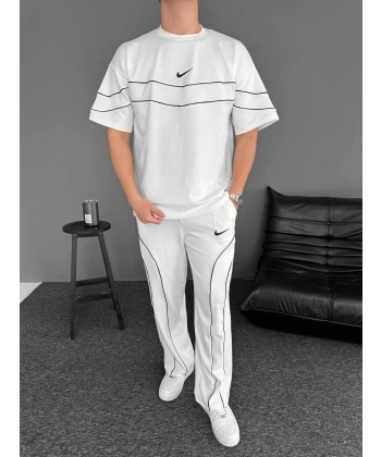 Şeritli Nk Baggy Unisex Eşofman Takımı - Beyaz