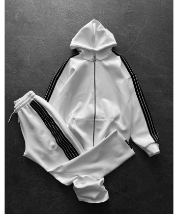 Şeritli Şardonlu Unisex Eşofman Takımı - Beyaz