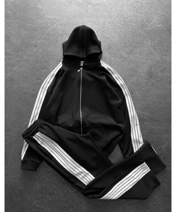 Şeritli Şardonlu Unisex Eşofman Takımı - Siyah