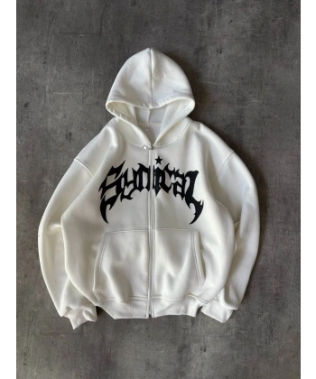 Taşlı Şardonlu Unisex Hırka Beyaz