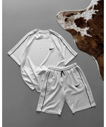 Tek Şerit Unisex Şortlu Takım - Beyaz