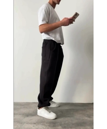 Yan Cep Detay Şardonlu Unisex Eşofman - Siyah