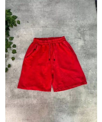 Yıkamalı Unisex Oversize Şort - Kırmızı
