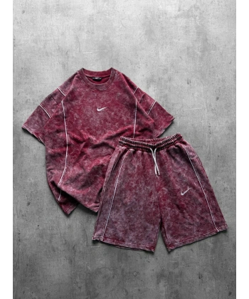 Yıkamalı Unisex Şortlu Takım Kırmızı