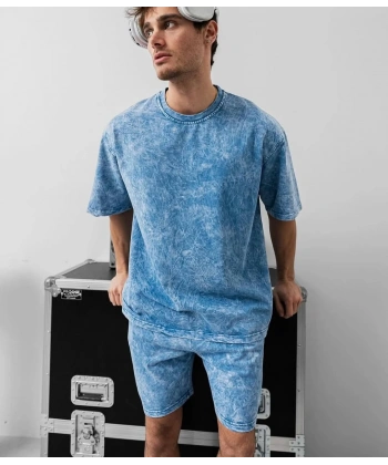 Yıkamalı Unisex Şortlu Takım - Mavi