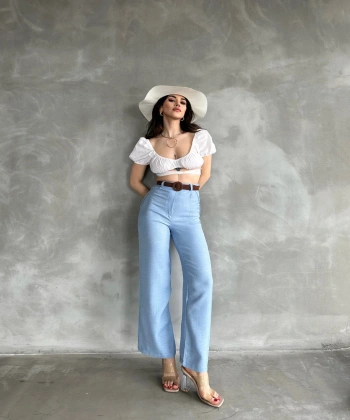 Beli Kemerli Keten Pantolon Bebe Mavisi