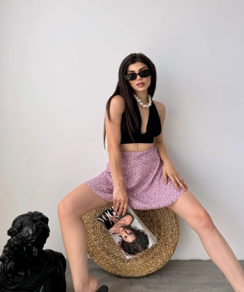 Desenli Krinkıl Şortlu Etek Lila Çiçekli