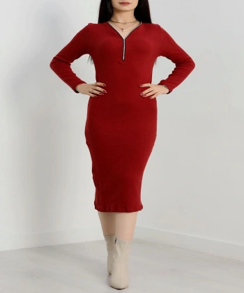 Fermuar detaylı fitilli şardonlu elbise bordo