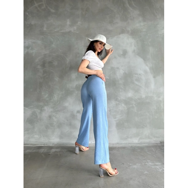 Beli Kemerli Keten Pantolon Bebe Mavisi