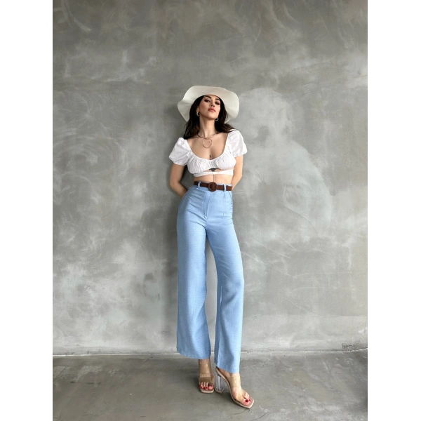 Beli Kemerli Keten Pantolon Bebe Mavisi