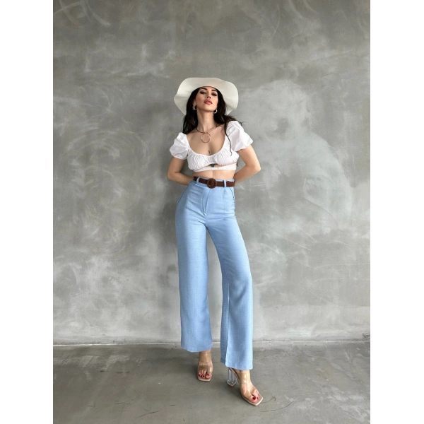 Beli Kemerli Keten Pantolon Bebe Mavisi