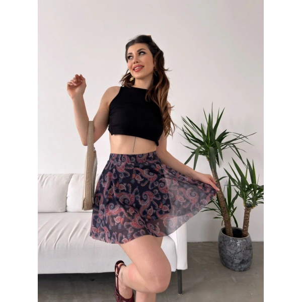 Desenli Krinkıl Şortlu Etek