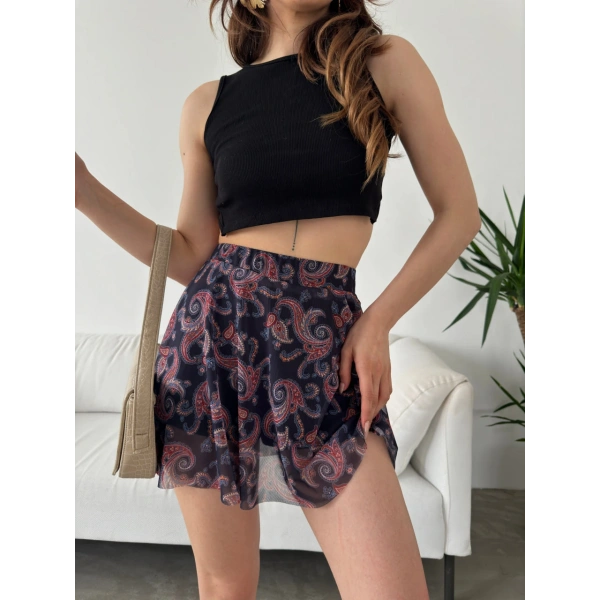 Desenli Krinkıl Şortlu Etek