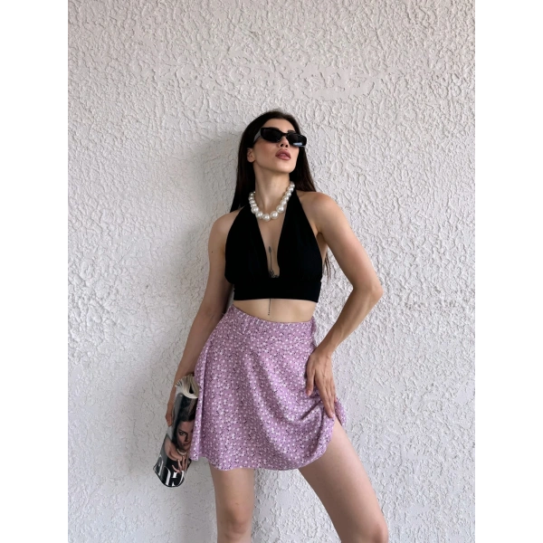 Desenli Krinkıl Şortlu Etek Lila Çiçekli