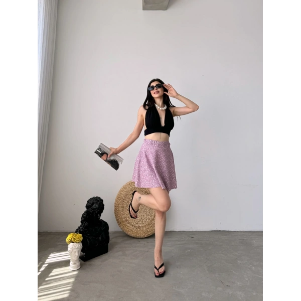 Desenli Krinkıl Şortlu Etek Lila Çiçekli