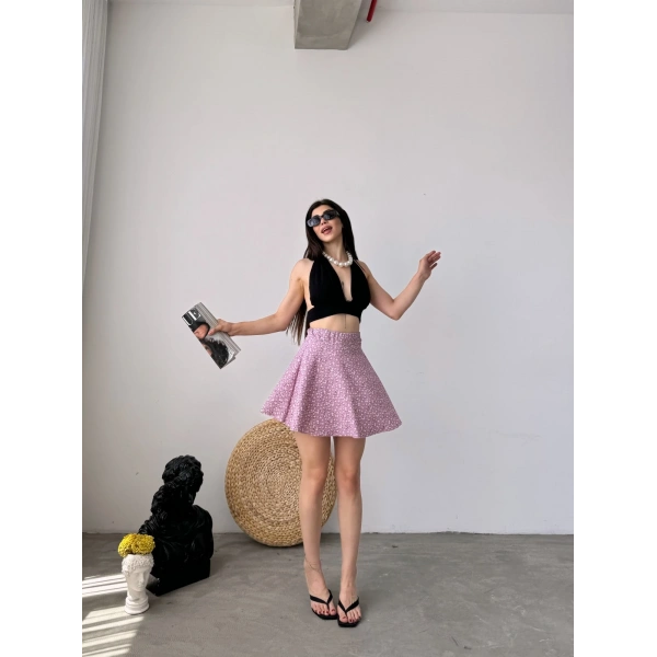 Desenli Krinkıl Şortlu Etek Lila Çiçekli