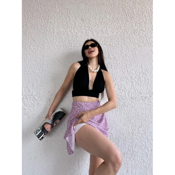 Desenli Krinkıl Şortlu Etek Lila Çiçekli