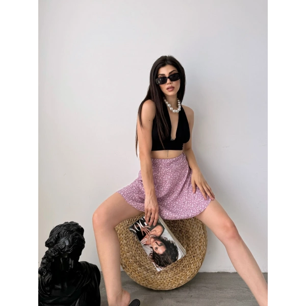 Desenli Krinkıl Şortlu Etek Lila Çiçekli