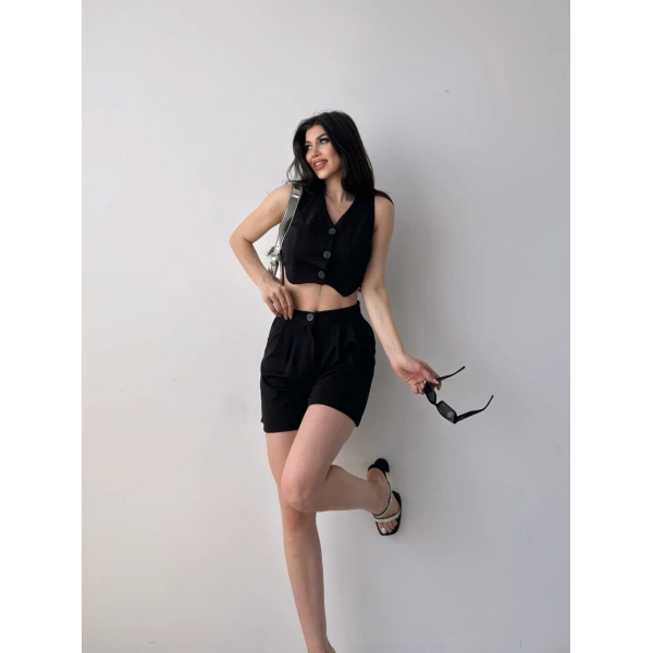 Önü Düğmeli Crop Yelek Ve Şort İkili Takım