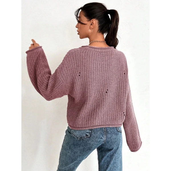 Salaş Delik Detaylı Kazak Pembe