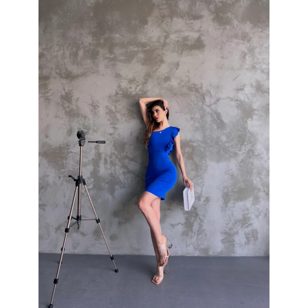 Tek Omuz Volan Detaylı Dalgıç Elbise Mavi