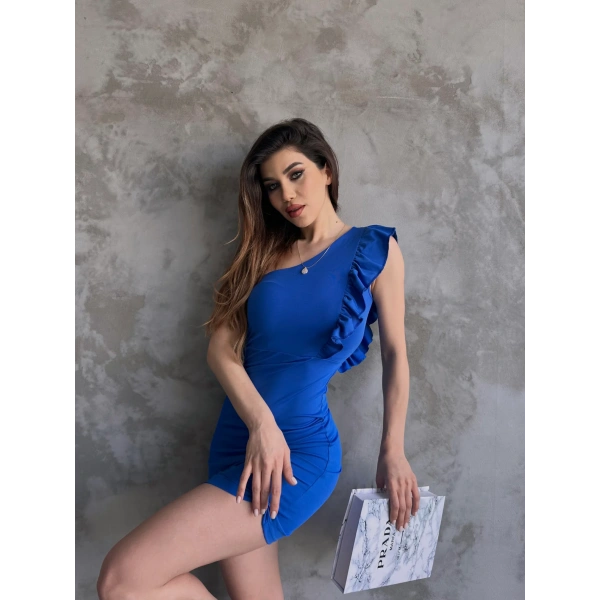 Tek Omuz Volan Detaylı Dalgıç Elbise Mavi