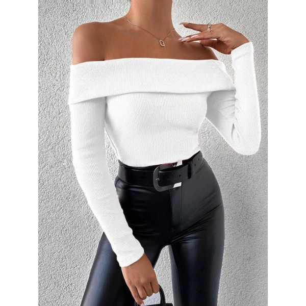 Beyaz Uzun Kol Madonna Yaka Bluz