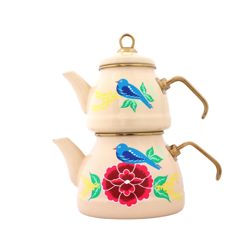 Emaye Çaydanlık Krem Kuş