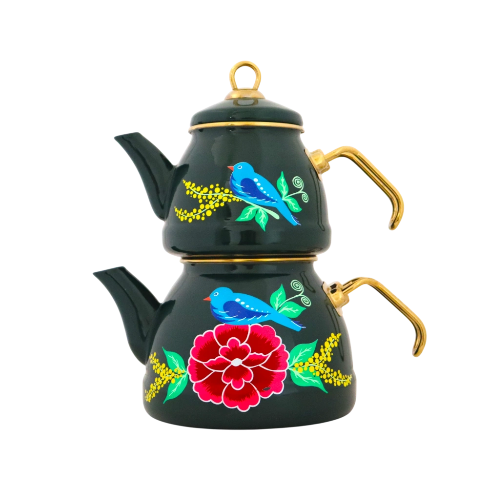 Emaye Çaydanlık Yeşil Kuş